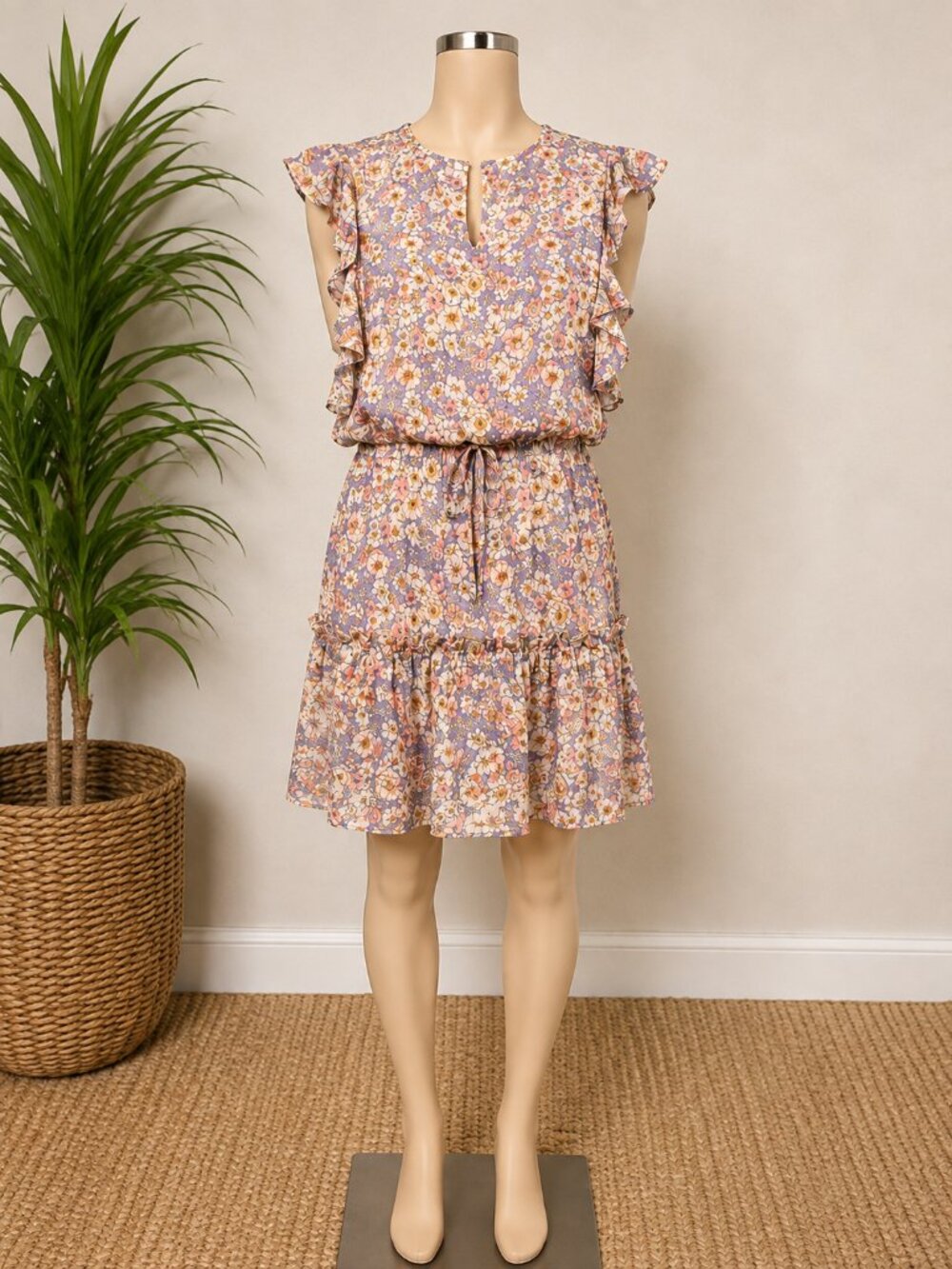 SOCIALITE Floral Ruffle Mini Dress Tie Waist Purple Coral Size L NWT